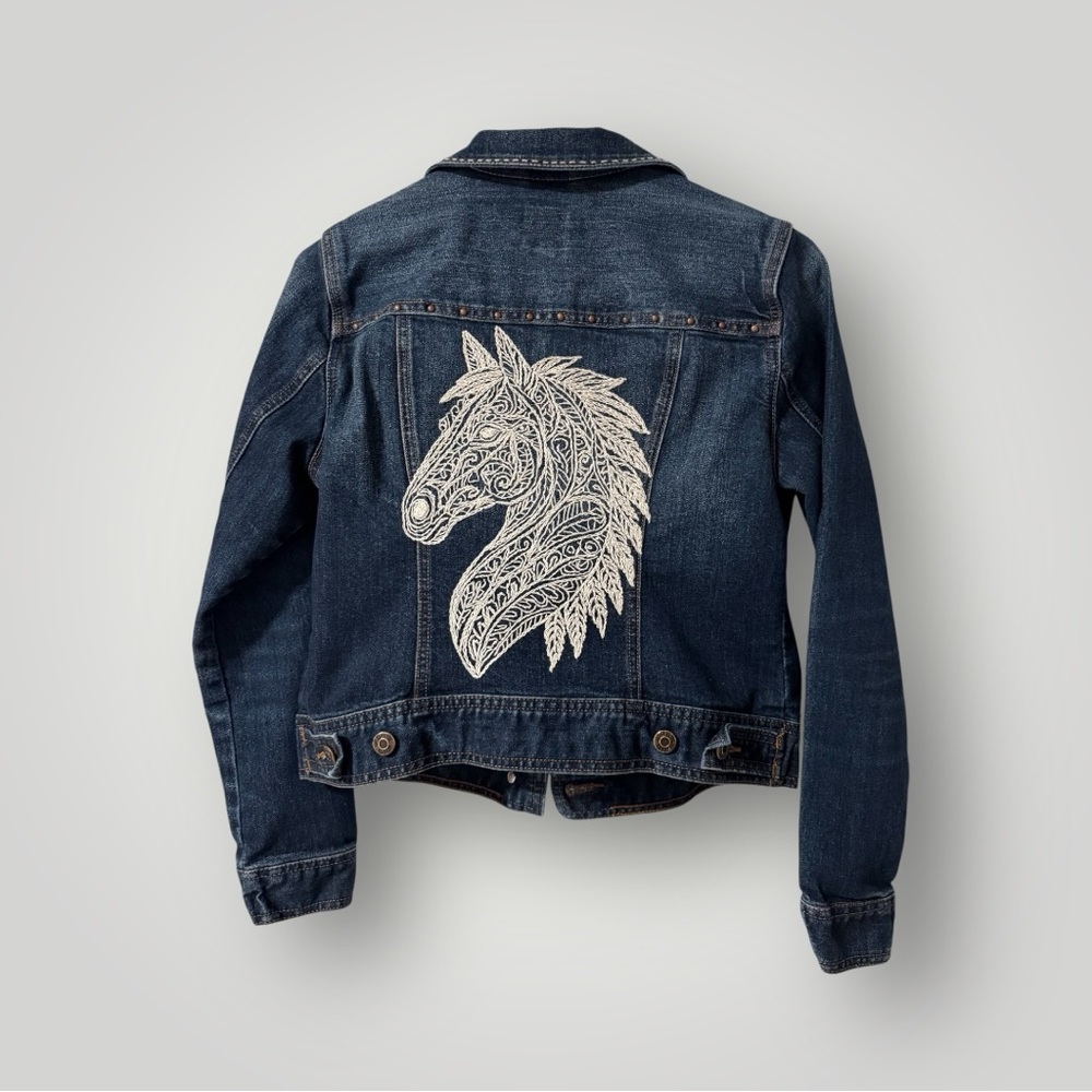 Hand Embroidered Horse Denim Jacket – Upcycled Women’s Small–One of a Kind